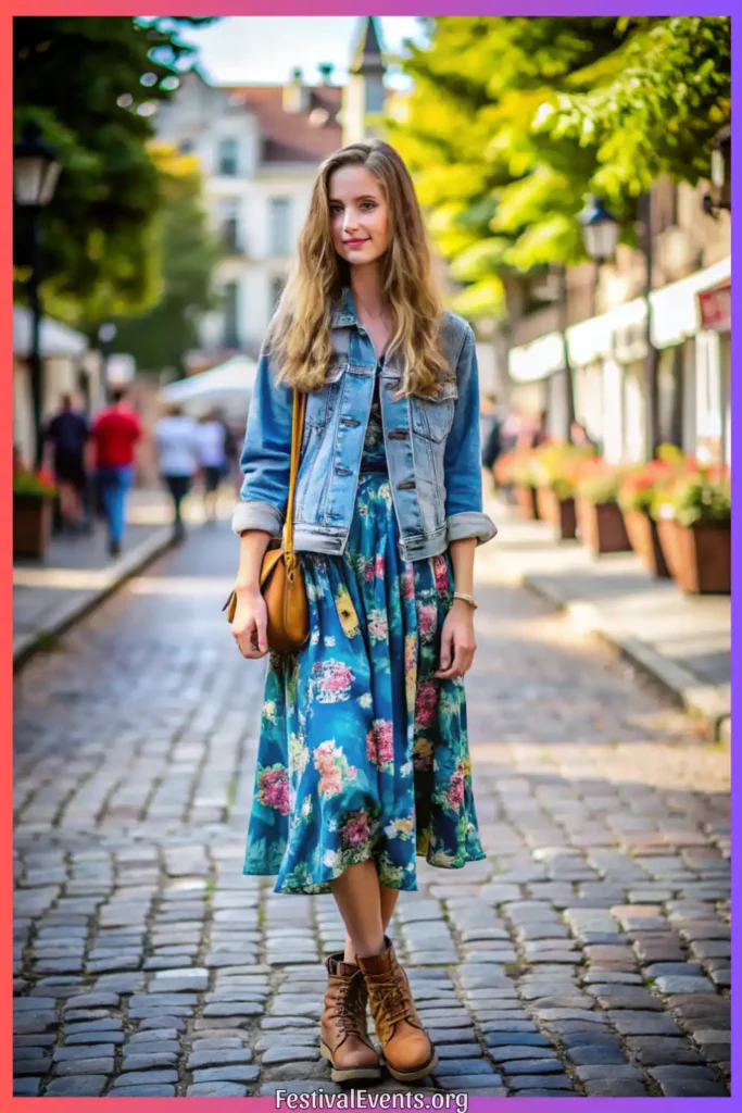 Woman in floral midi dress and denim jacket, showcasing a perfect spring outfit combination for various casual occasions.
