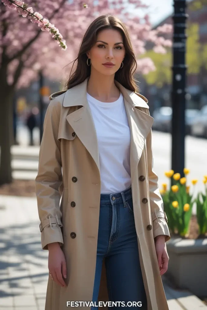Woman wearing classic spring outfit with trench coat and jeans, perfect for transitional weather and everyday wear