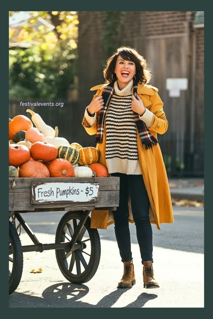 Autumn style outfit with mustard trench coat and scarf, perfect for colorful pumpkin patch photos