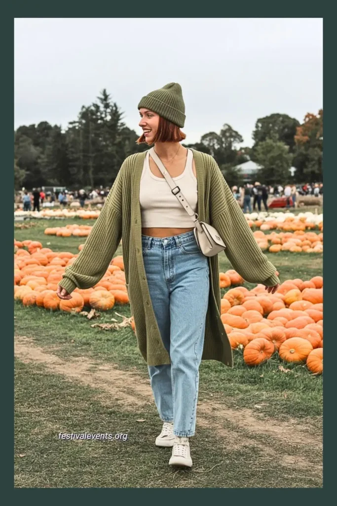 Chic layered fall outfit with knit cardigan, ribbed top, and jeans styled for a pumpkin patch visit