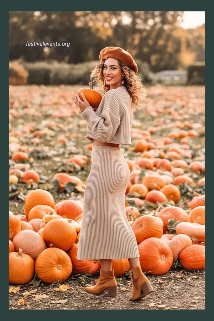 Cozy fall chic outfit idea featuring a beige knit sweater and matching skirt for stylish pumpkin patch photos