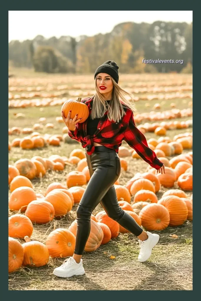 Edgy pumpkin patch outfit with black leather leggings and oversized flannel shirt for fall style