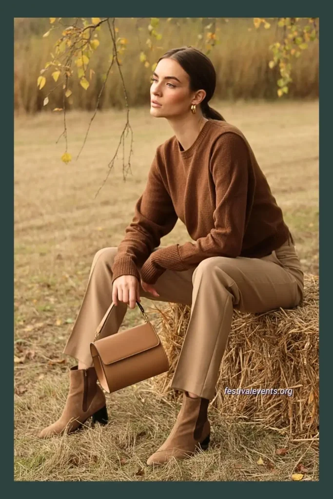 Fashionable fall outfit in mocha tones, styled with cozy textures for a chic autumn look