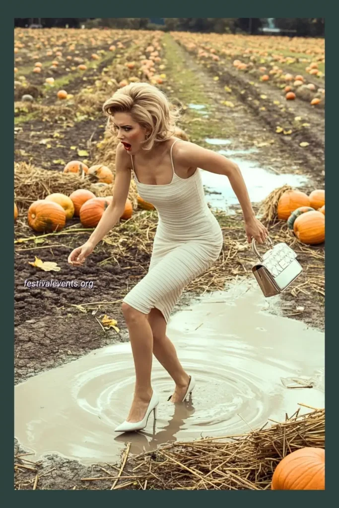 Glamorous but impractical white outfit with heels worn in a muddy pumpkin patch for humorous contrast