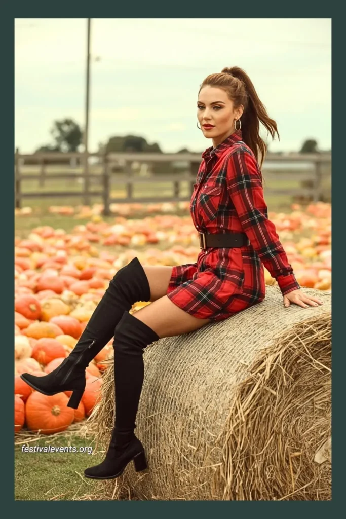 Stylish chic fall outfit featuring a flannel shirt dress and suede over-the-knee boots in a pumpkin patch