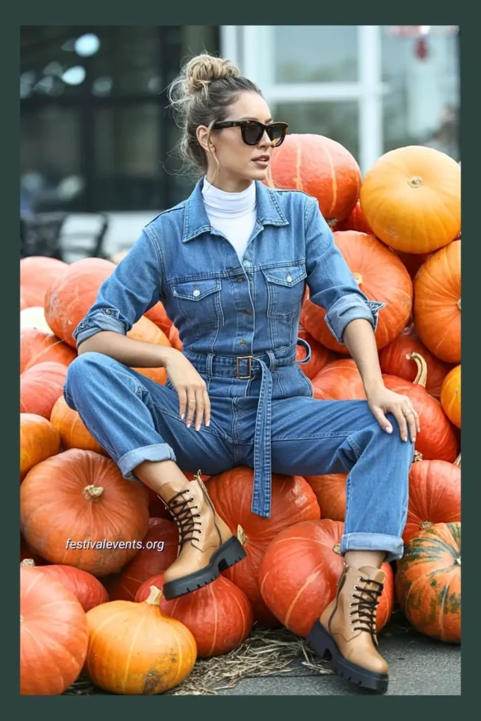 Woman in a trendy denim jumpsuit styled as a pumpkin patch outfit with boots and fall accessories