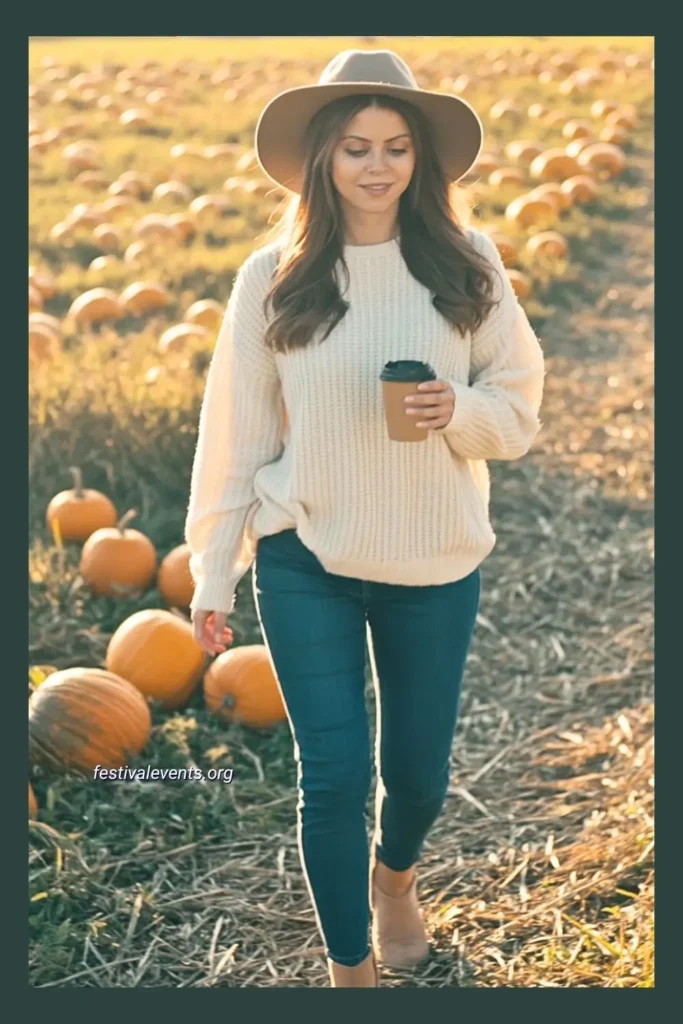 Woman (Mou) wearing a cozy fall outfit with oversized sweater and skinny jeans at a pumpkin patch