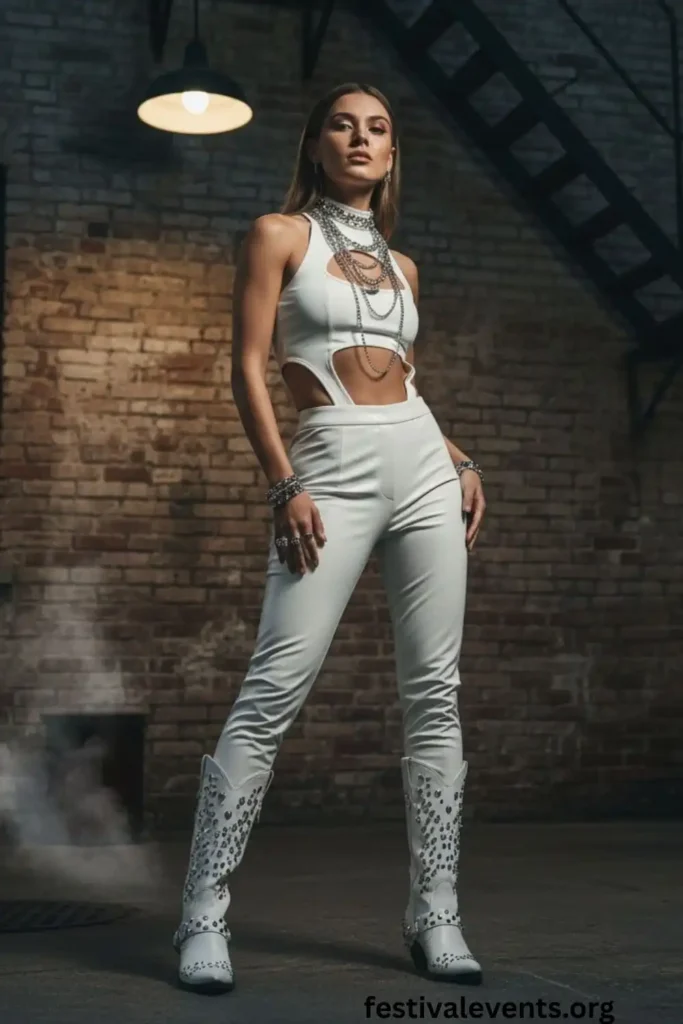 Edgy white cowgirl leather outfit