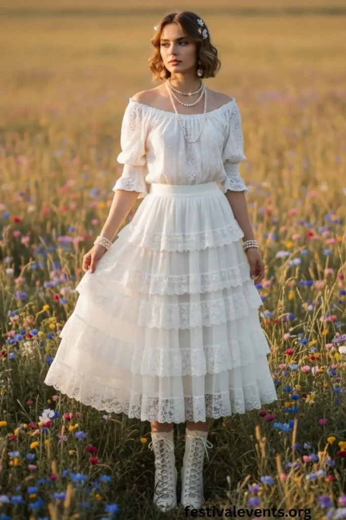 Romantic white prairie cowgirl outfit