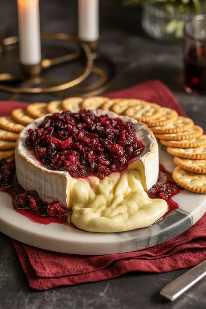 Baked brie appetizer surrounded by crackers
