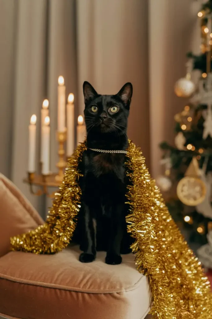 Black cat in tinsel cape