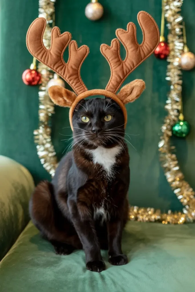 Black cat wearing reindeer antlers
