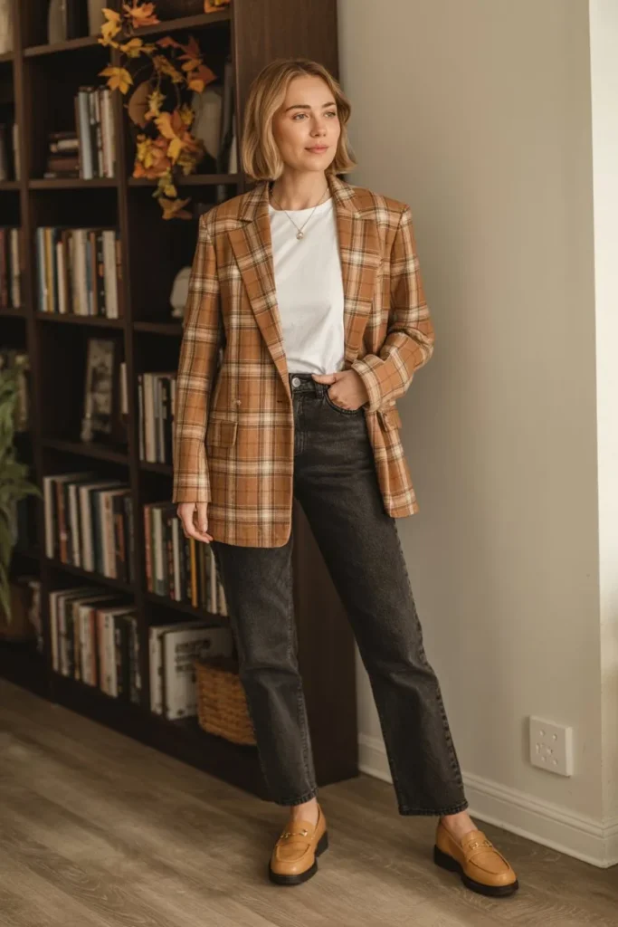 Blazer denim Thanksgiving outfit classic