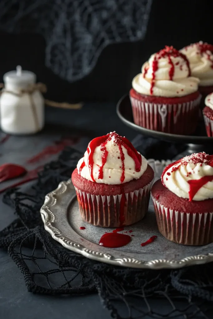 Bloody red velvet Halloween cupcakes