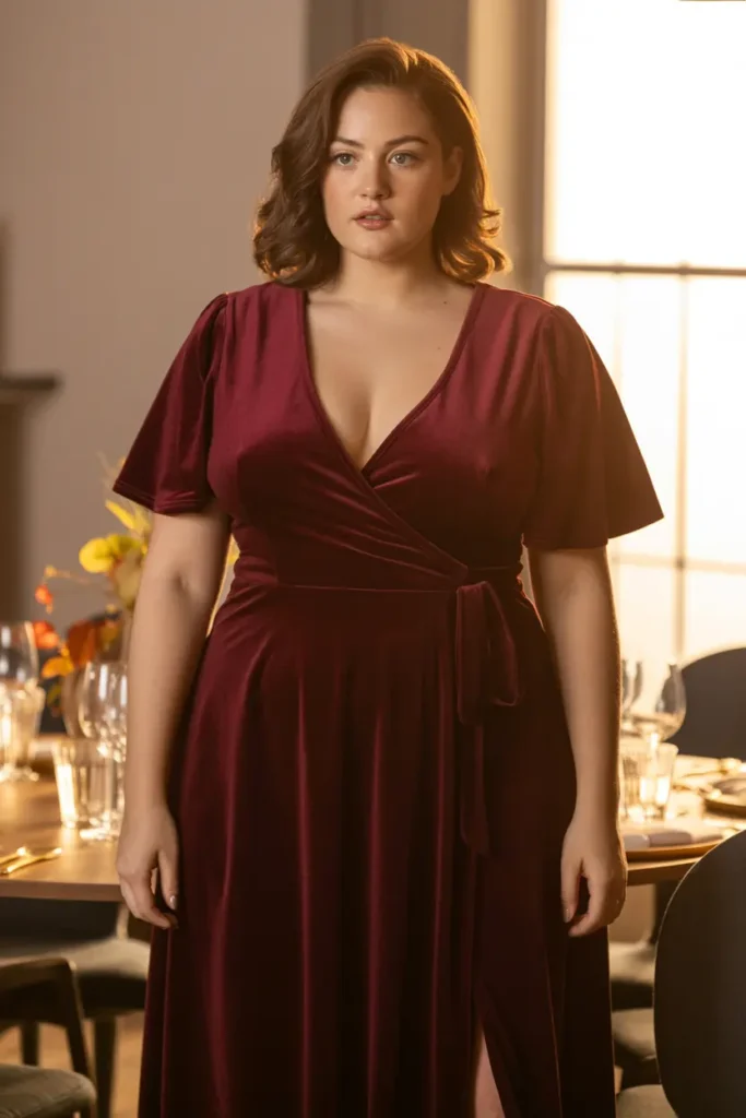 Burgundy velvet thanksgiving outfit curvy