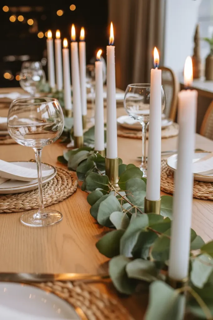 Candlelit eucalyptus table centerpiece
