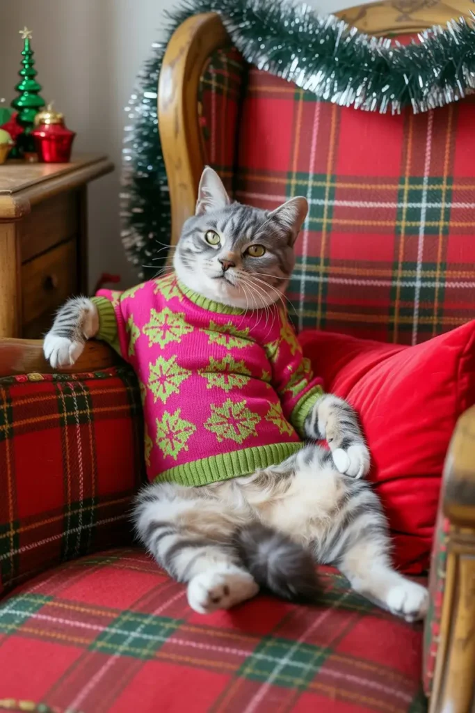 Cat in ugly Christmas sweater