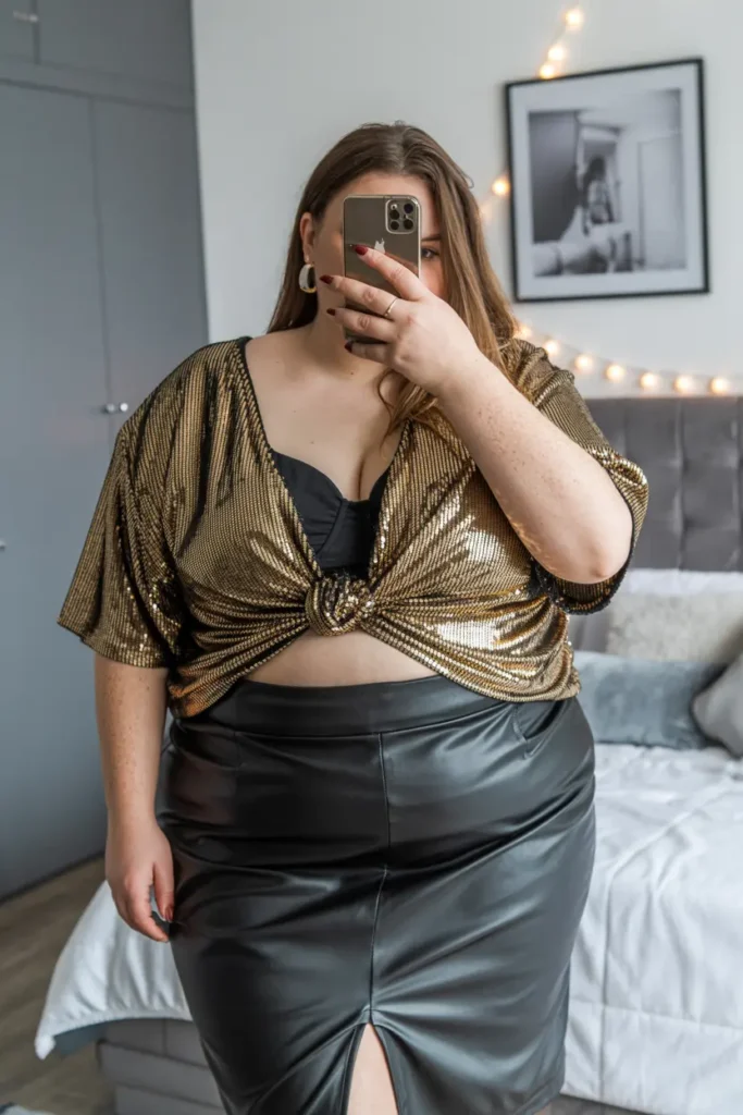 Curvy Christmas outfit ideas Faux Leather Skirt with Sequin Top