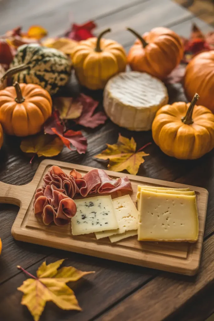 Fall charcuterie board with cheddar, creamy goat cheese