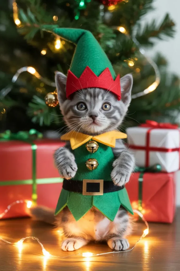 Kitten in elf Christmas costume