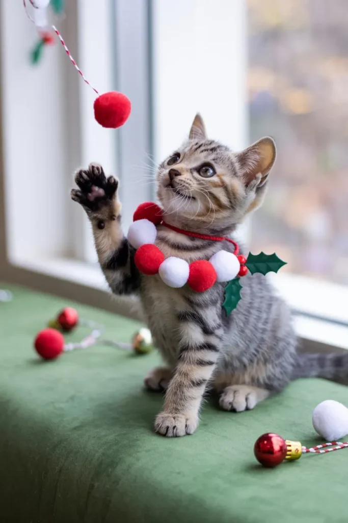 Kitten in pom-pom holiday collar