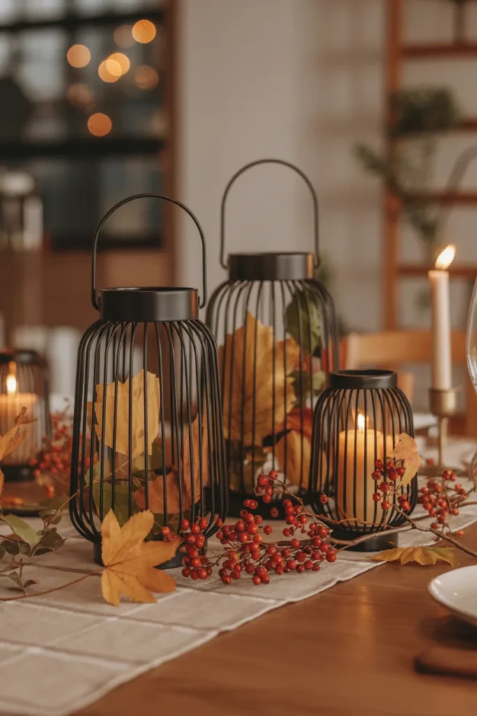 Lanterns with Fall Foliage Table Decor Ideas