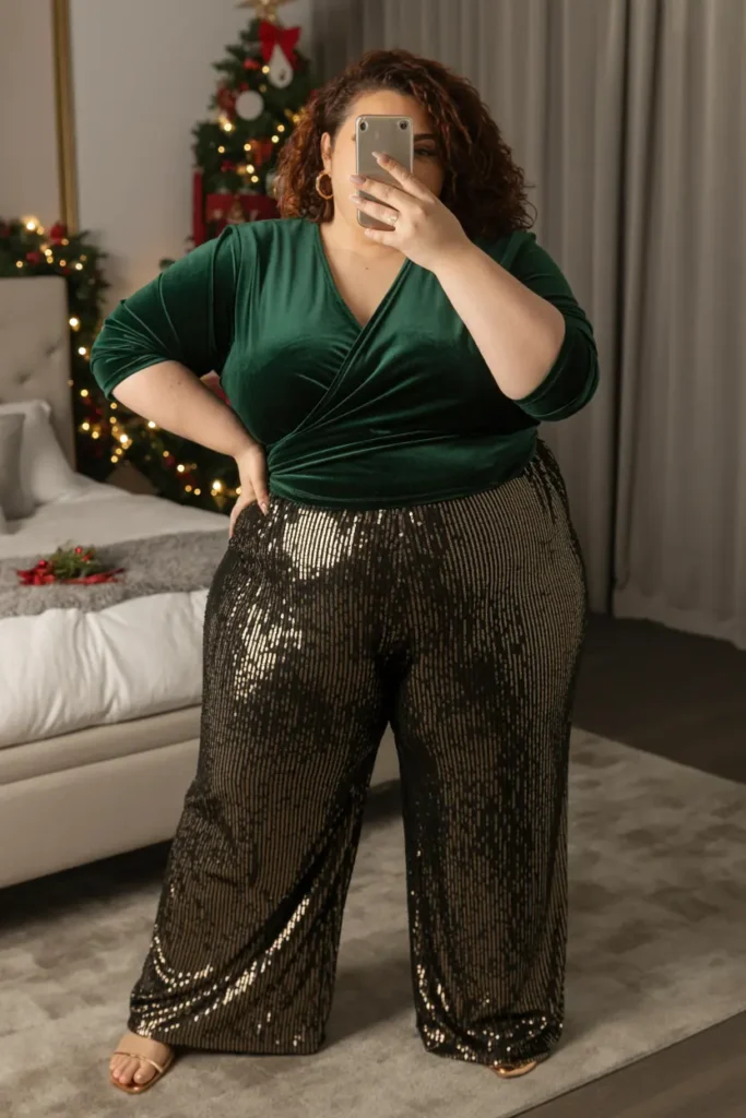 Plus size festive party outfit Velvet Wrap Top with Sequin Palazzo