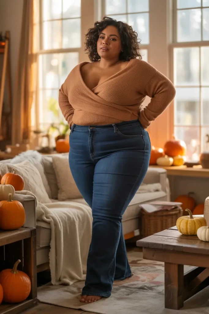 Plus-size thanksgiving denim outfit comfortable
