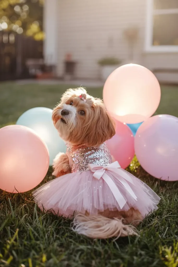 Small dog in sparkly tutu birthday dress