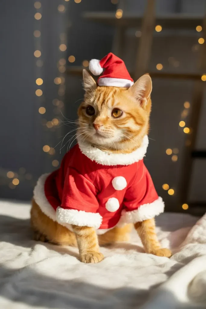 Tabby cat in Santa suit