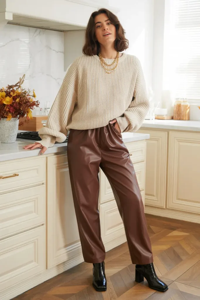 Thanksgiving leather pants outfit