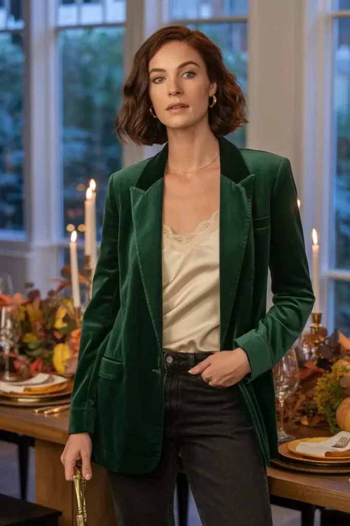 Velvet blazer Thanksgiving dinner outfit