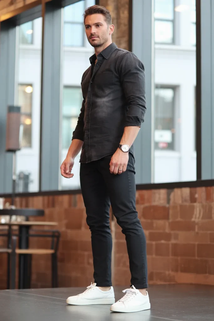 Black denim shirt outfit men
