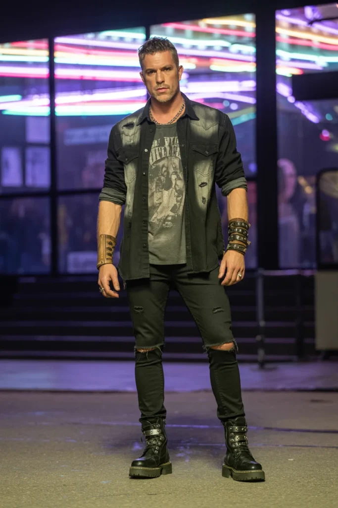 Black denim shirt rocker outfit