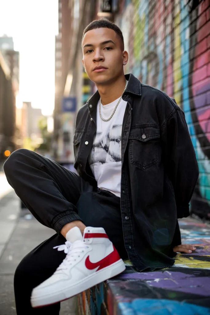 Black denim shirt streetwear men