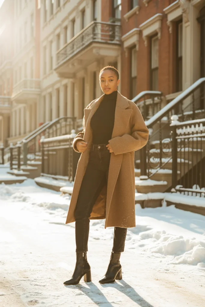 Black girl camel coat winter outfit