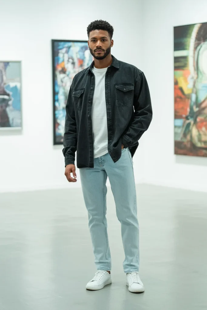 Black jean shirt men casual