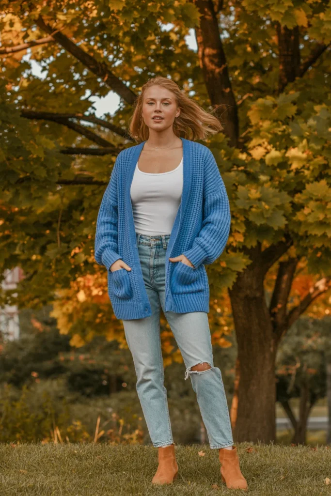 Bubble blue cardigan outfit