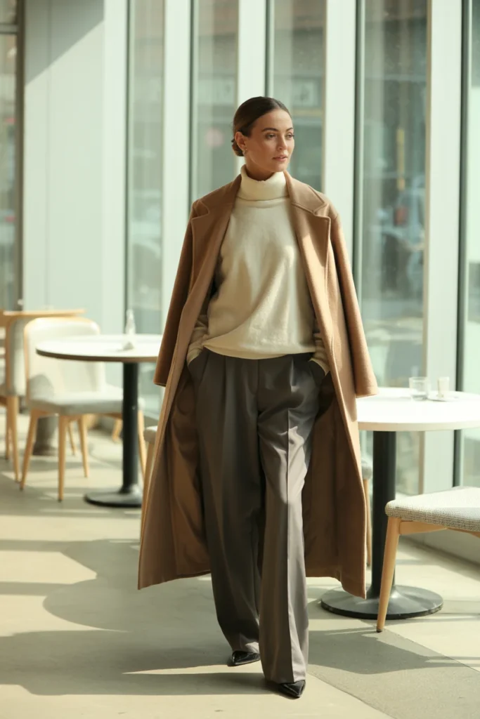 Camel coat winter outfit