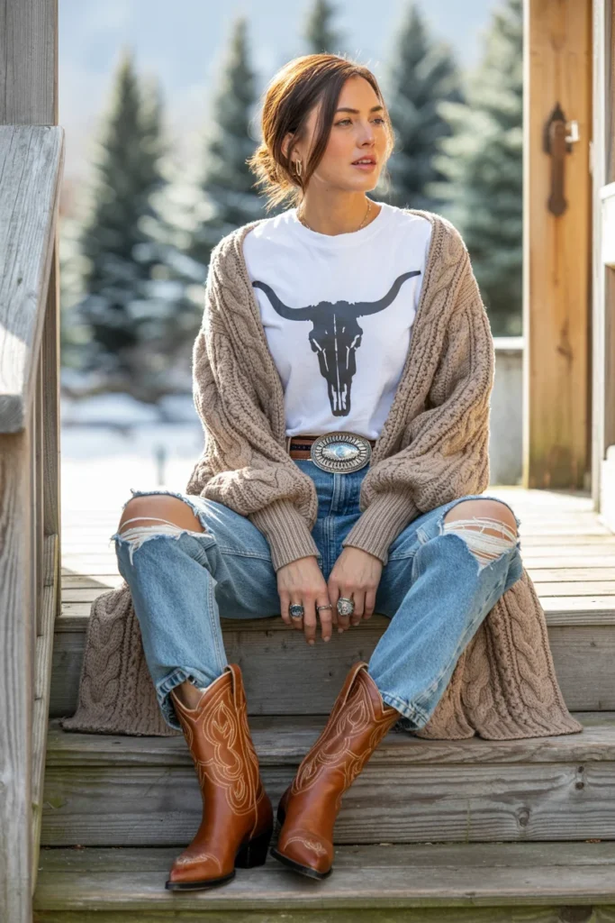Cardigan cowboy boots casual outfit