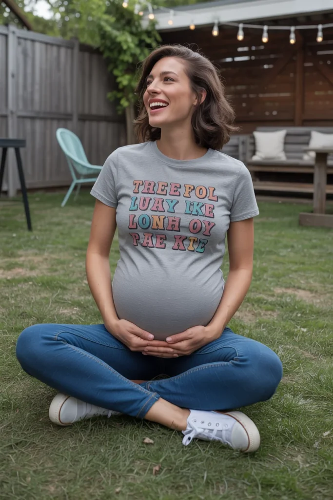 Casual gender reveal outfit mom