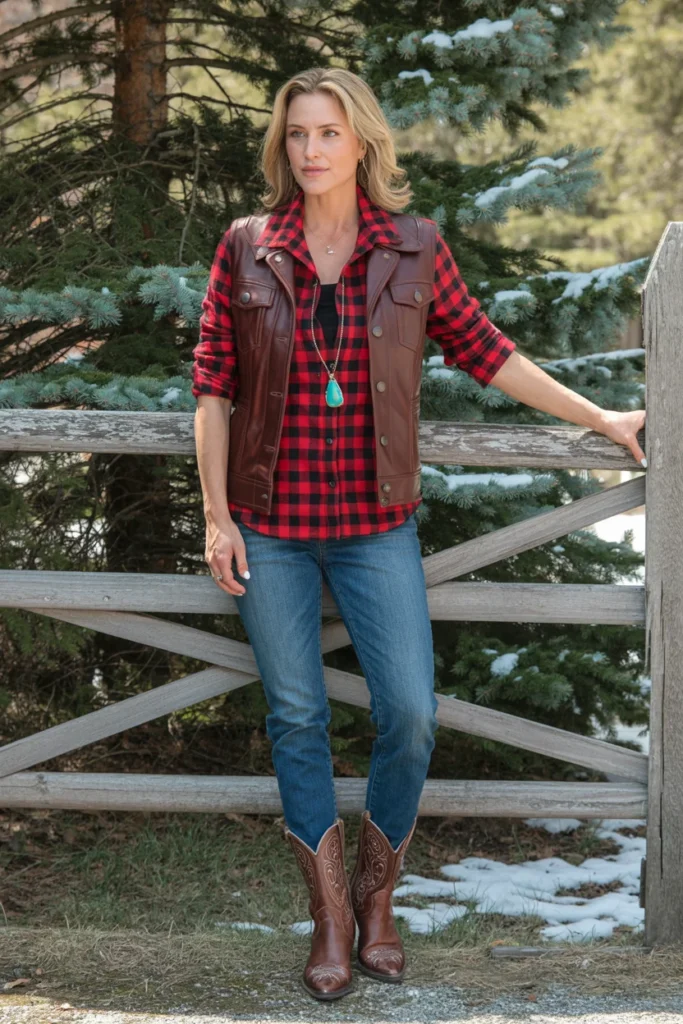 Flannel leather vest cowgirl look