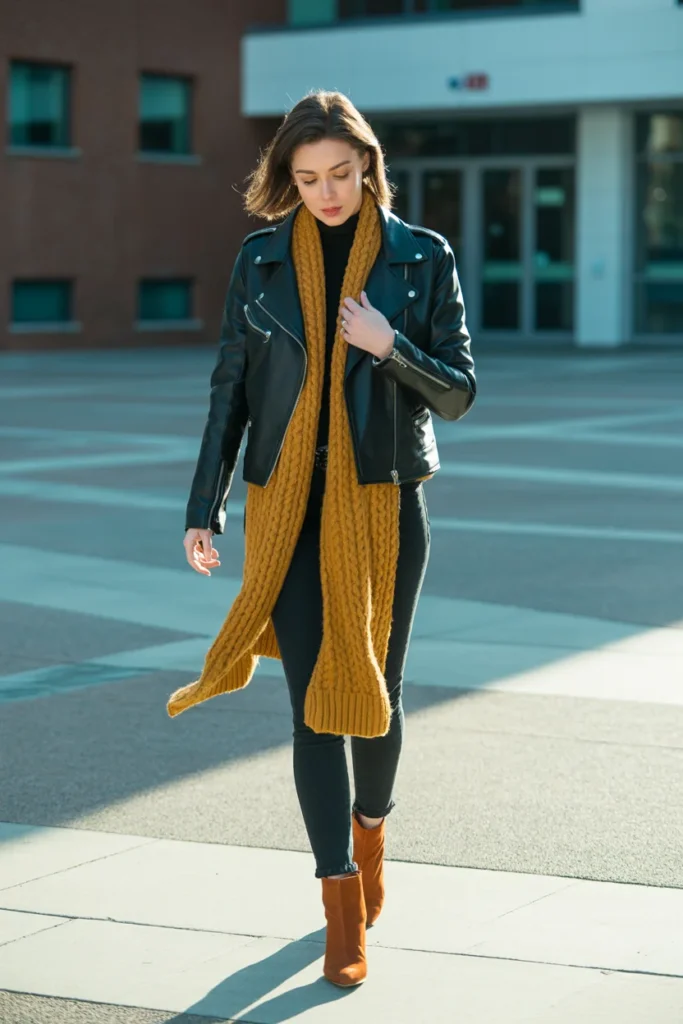 Leather jacket scarf outfit