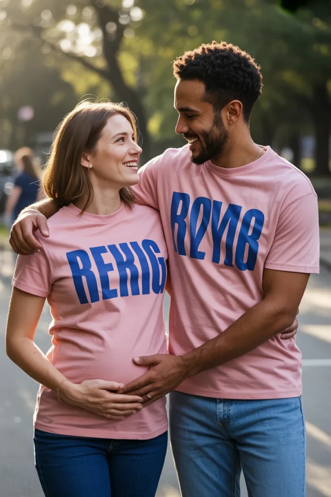 Matching gender reveal couple outfits