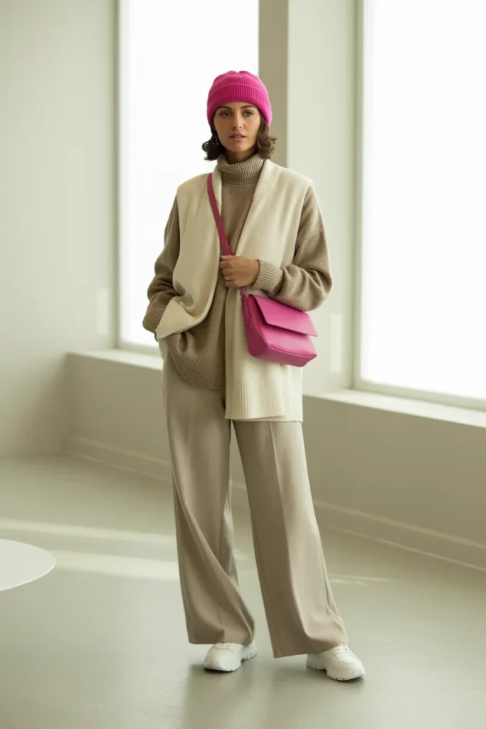 Neutral winter outfit pop color