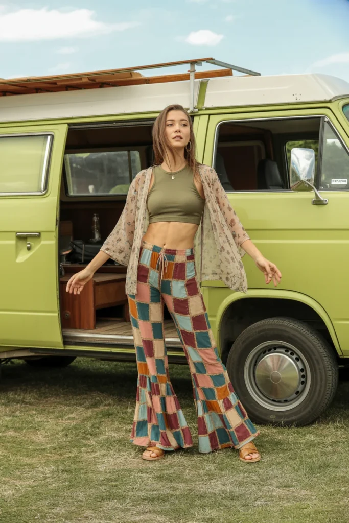 Patchwork pants hippie outfit