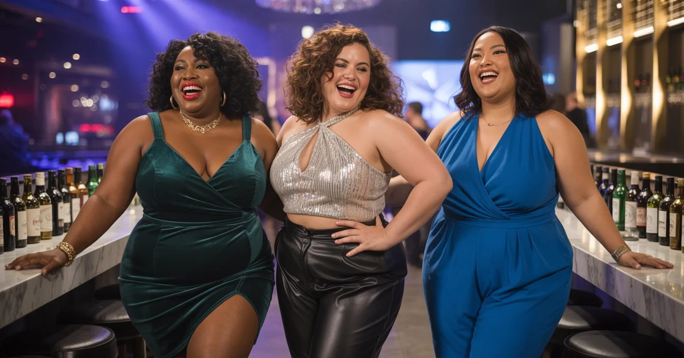 Plus size women in trendy club outfits at nightclub