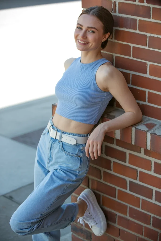 Powder blue crop top outfit