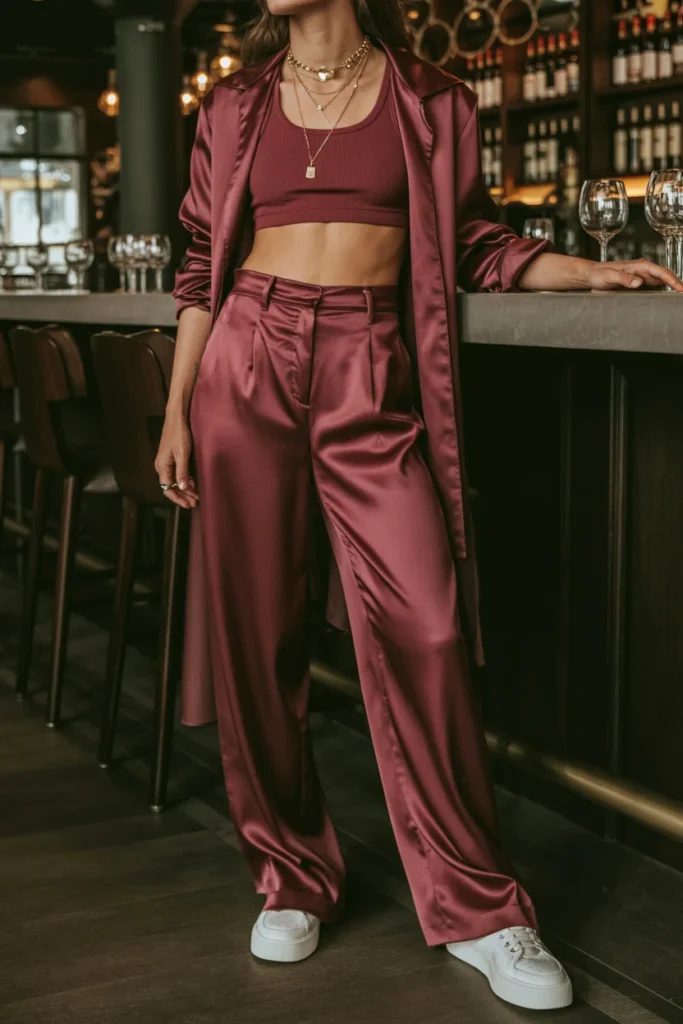 Satin pants sneaker outfit