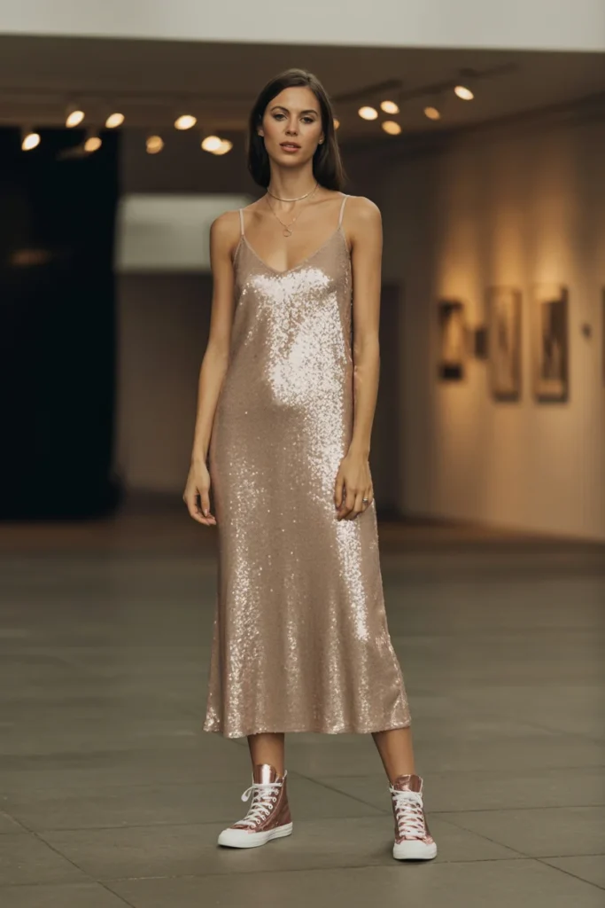 Sequin dress with sneakers
